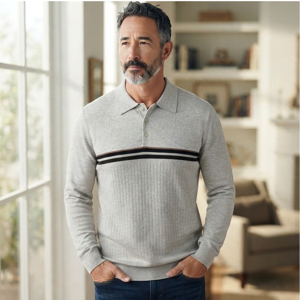Covington Polo Sweater Mens XL Gray Striped Long Sleeve Cotton Knit NWT Casual